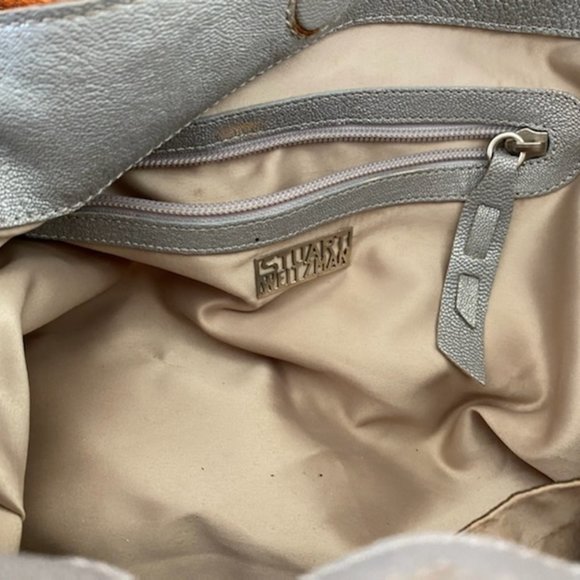 Vintage STUART WEITZMAN * Gray & SILVER Satchel PURSE + logo DUSTBAG * pockets - Picture 9 of 16
